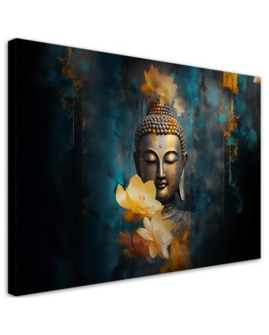 Wandbild für Wohnzimmer - Buddha und goldene Blumen | Feeby