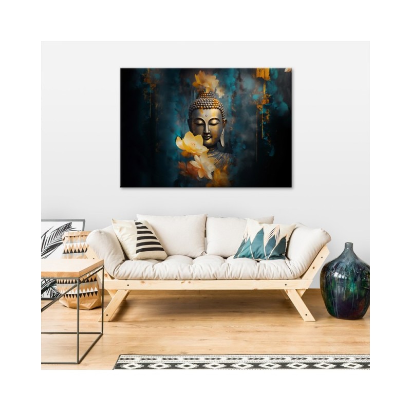 Wandbild für Wohnzimmer - Buddha und goldene Blumen | Feeby