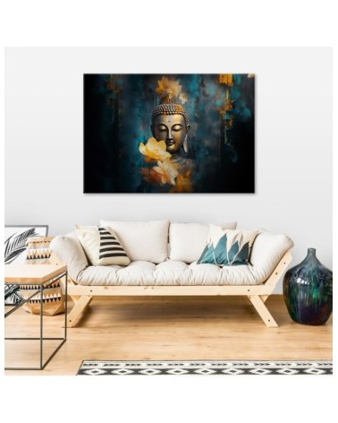 Wandbild für Wohnzimmer - Buddha und goldene Blumen | Feeby