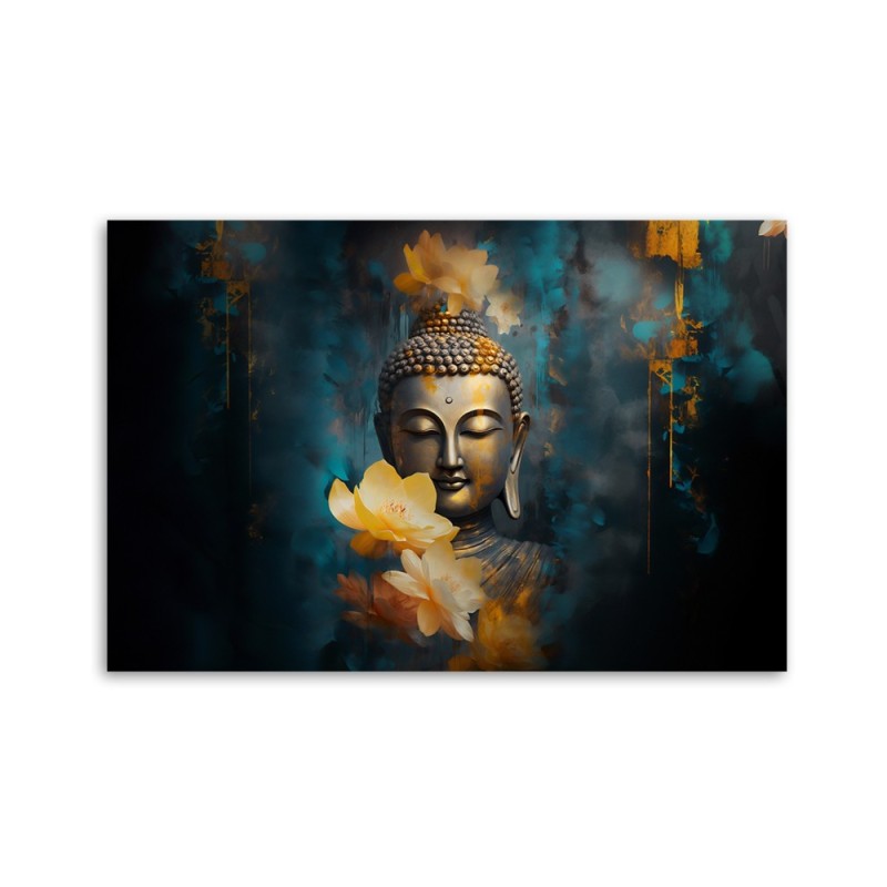 Wandbild für Wohnzimmer - Buddha und goldene Blumen | Feeby