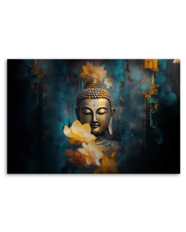 Wandbild für Wohnzimmer - Buddha und goldene Blumen | Feeby