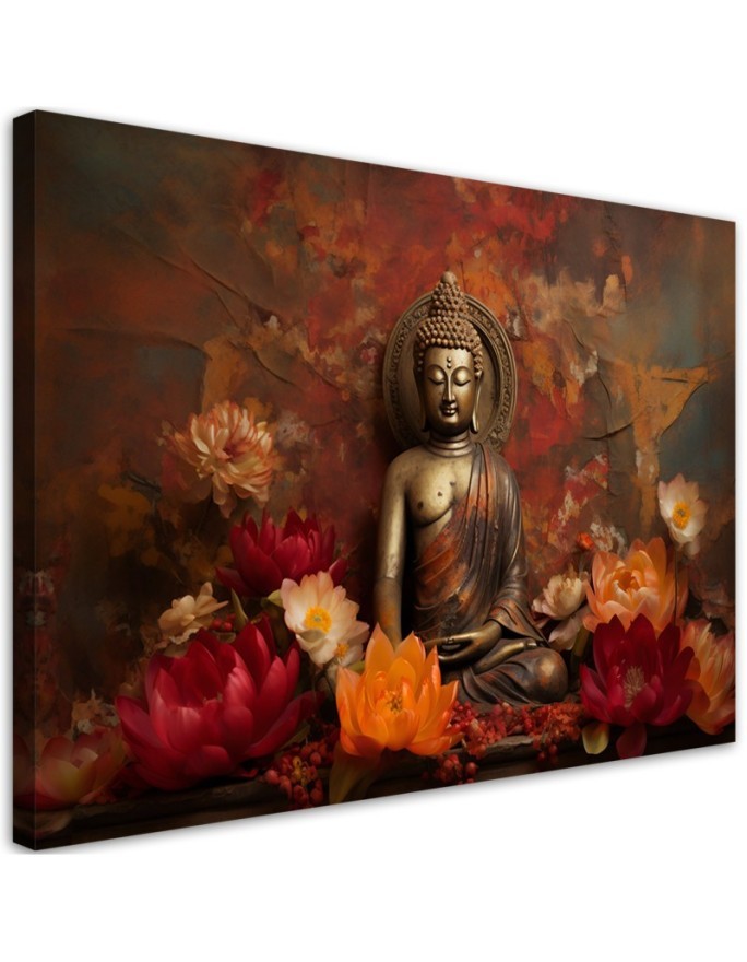 Leinwandbild - Meditierender Buddha und bunte Blumen | Feeby