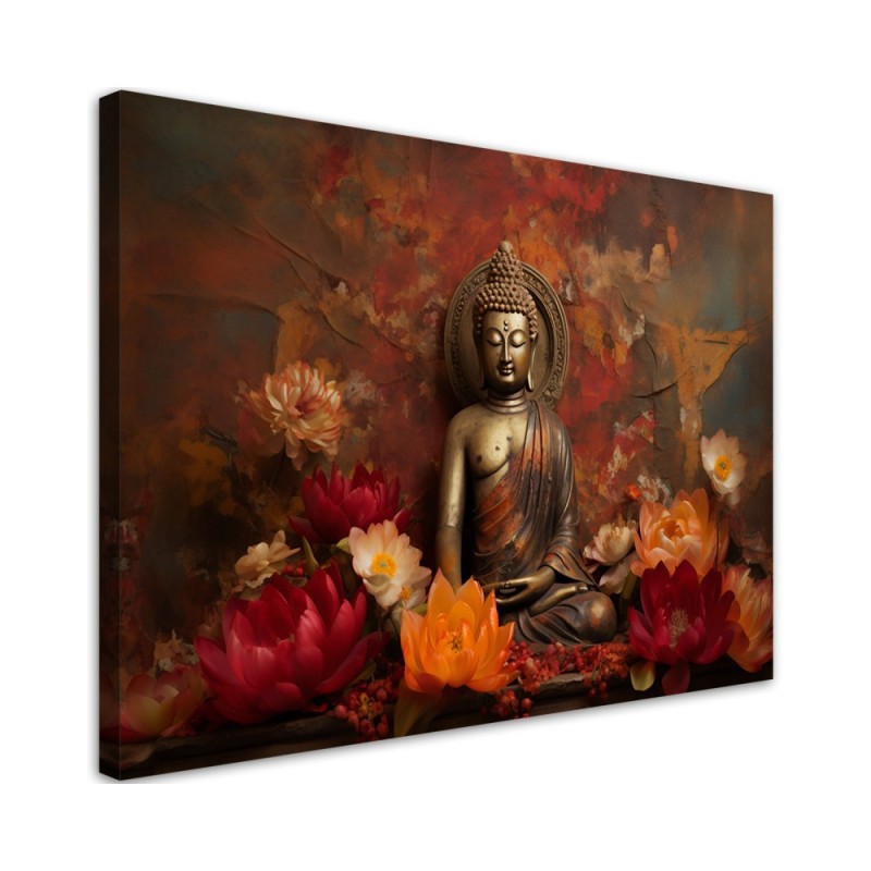 Leinwandbild - Meditierender Buddha und bunte Blumen | Feeby
