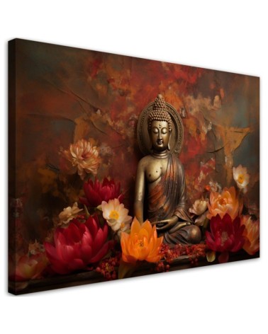 Leinwandbild - Meditierender Buddha und bunte Blumen | Feeby
