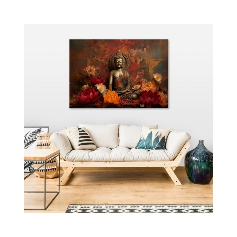 Leinwandbild - Meditierender Buddha und bunte Blumen | Feeby