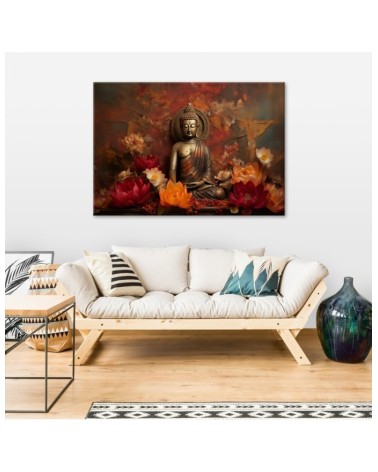 Leinwandbild - Meditierender Buddha und bunte Blumen | Feeby