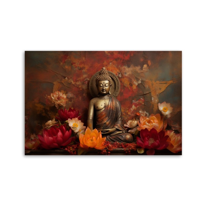 Leinwandbild - Meditierender Buddha und bunte Blumen | Feeby