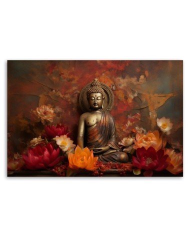 Leinwandbild - Meditierender Buddha und bunte Blumen | Feeby