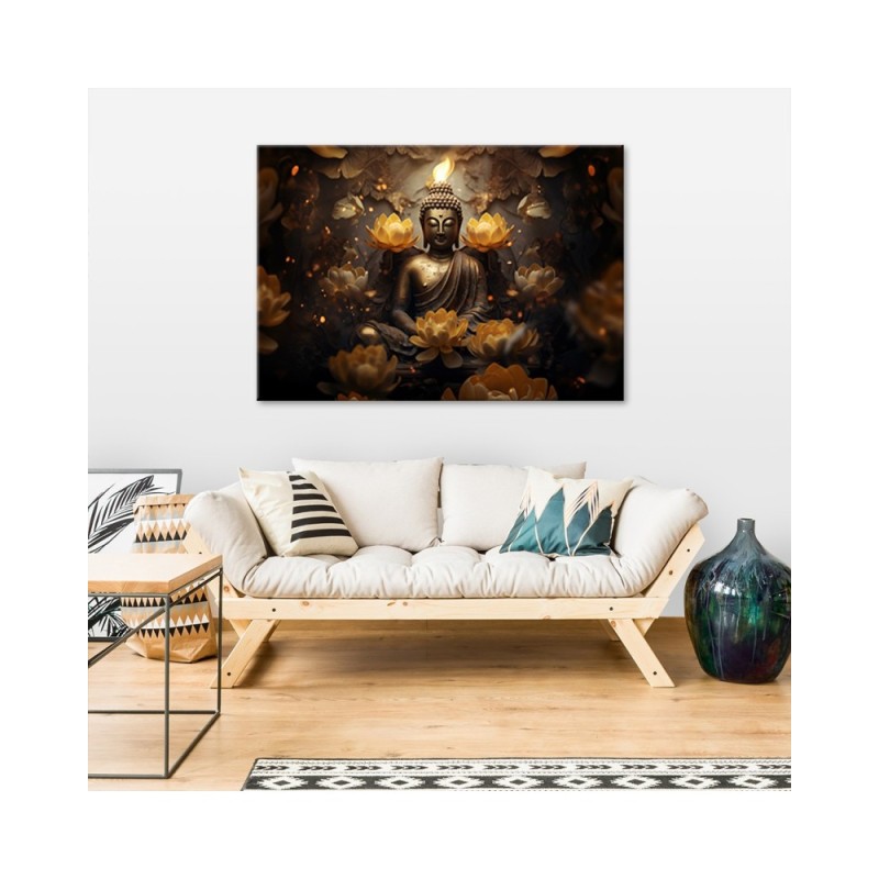 Bild auf Leinwand - Goldener Buddha und Lotosblumen | Feeby