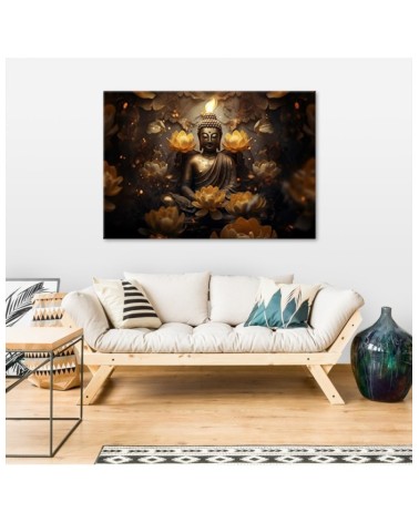 Bild auf Leinwand - Goldener Buddha und Lotosblumen | Feeby
