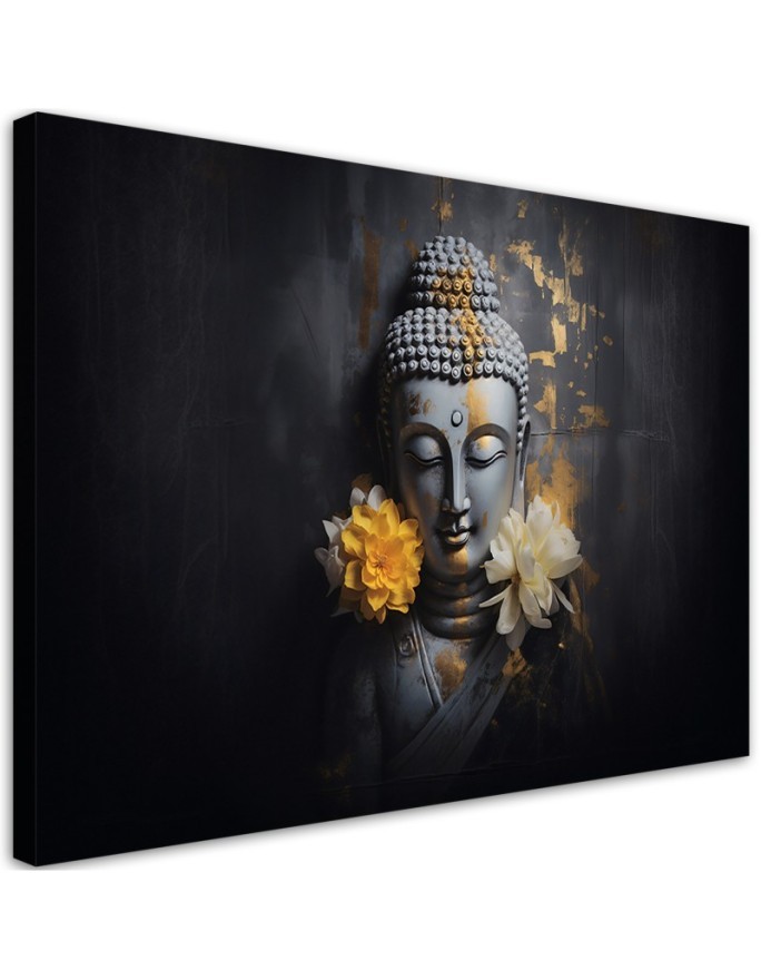 Modernes Wandbild - Grauer Buddha und Blumen | Feeby