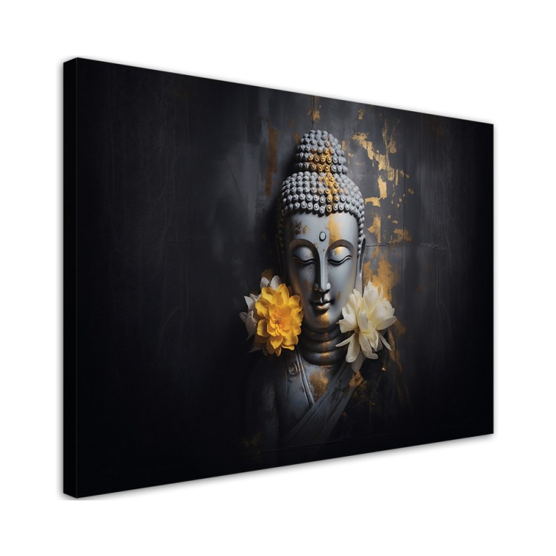 Modernes Wandbild - Grauer Buddha und Blumen | Feeby