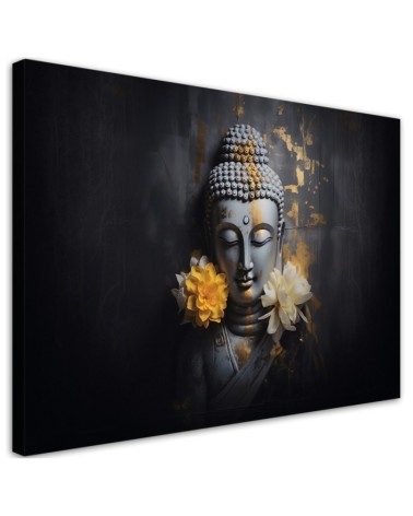 Modernes Wandbild - Grauer Buddha und Blumen | Feeby