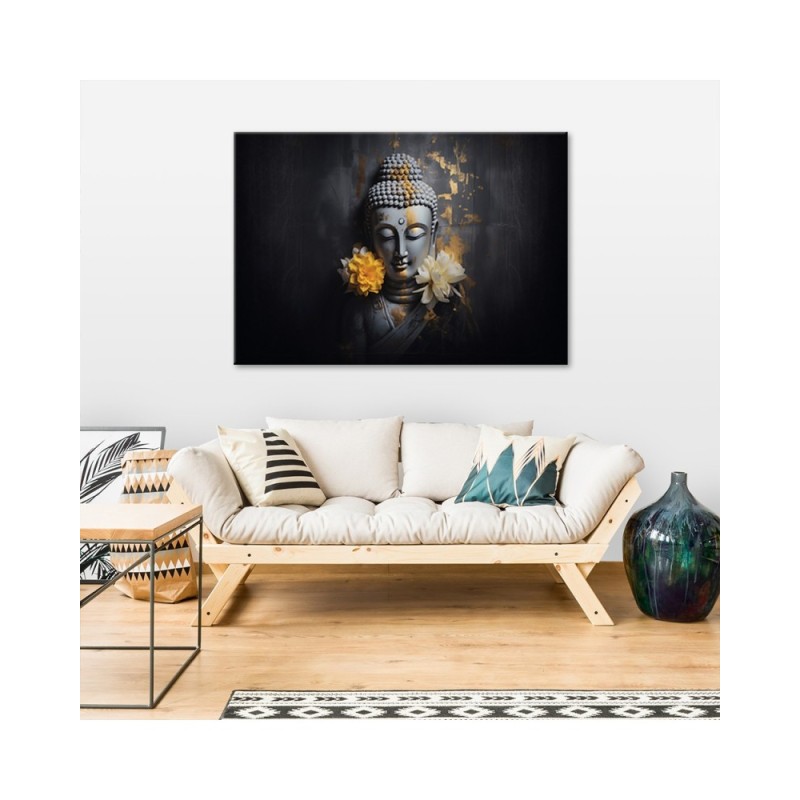 Modernes Wandbild - Grauer Buddha und Blumen | Feeby