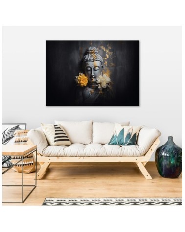 Modernes Wandbild - Grauer Buddha und Blumen | Feeby
