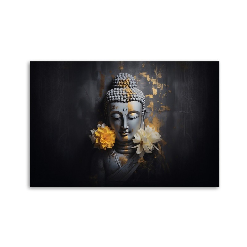 Modernes Wandbild - Grauer Buddha und Blumen | Feeby