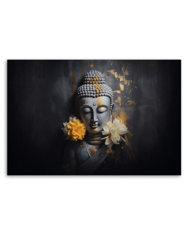 Modernes Wandbild - Grauer Buddha und Blumen | Feeby