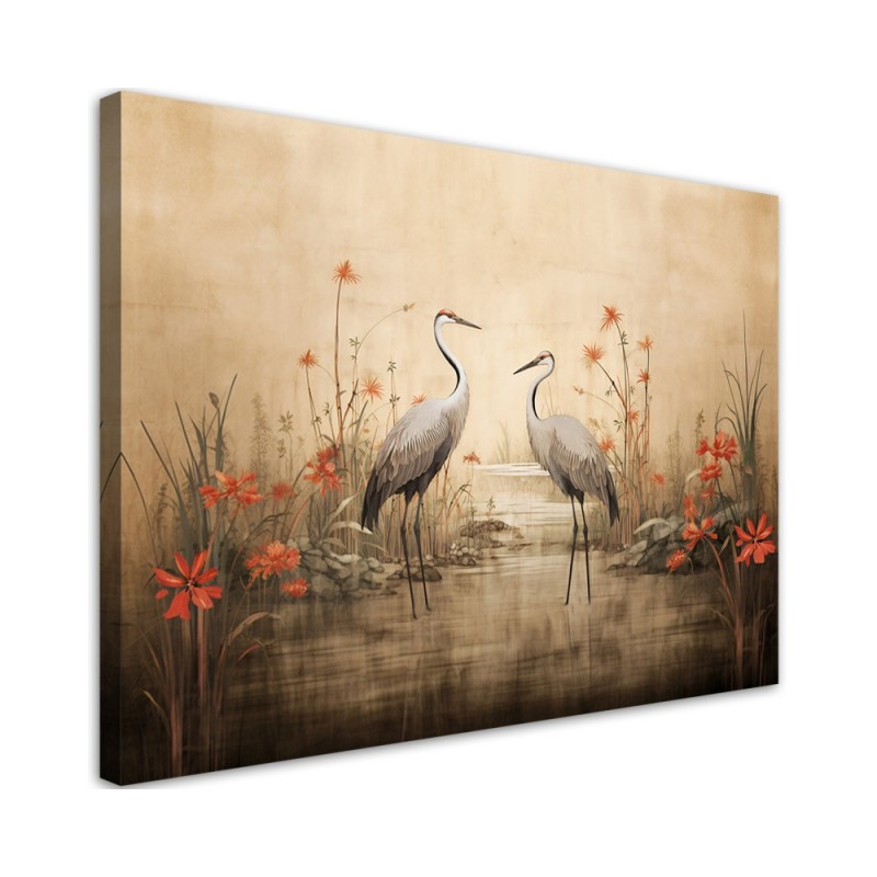 Stylish AI Canvas paintings for the living room - Cranes on a lake | FEEBY