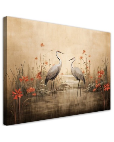 Stylish AI Canvas paintings for the living room - Cranes on a lake | FEEBY