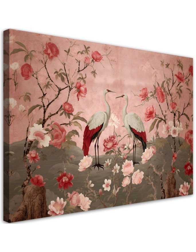 Wandbild für Wohnzimmer - Chinoiserie Blumen und Vögel | Feeby