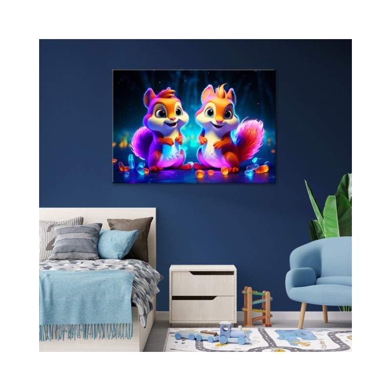 Dekoratives Leinwandbild - Cartoon Eichhörnchen Neon | Feeby