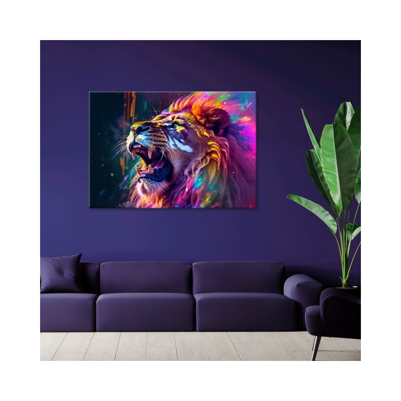 Modernes Wandbild - Löwe Brüllen Neon Abstraktion | Feeby