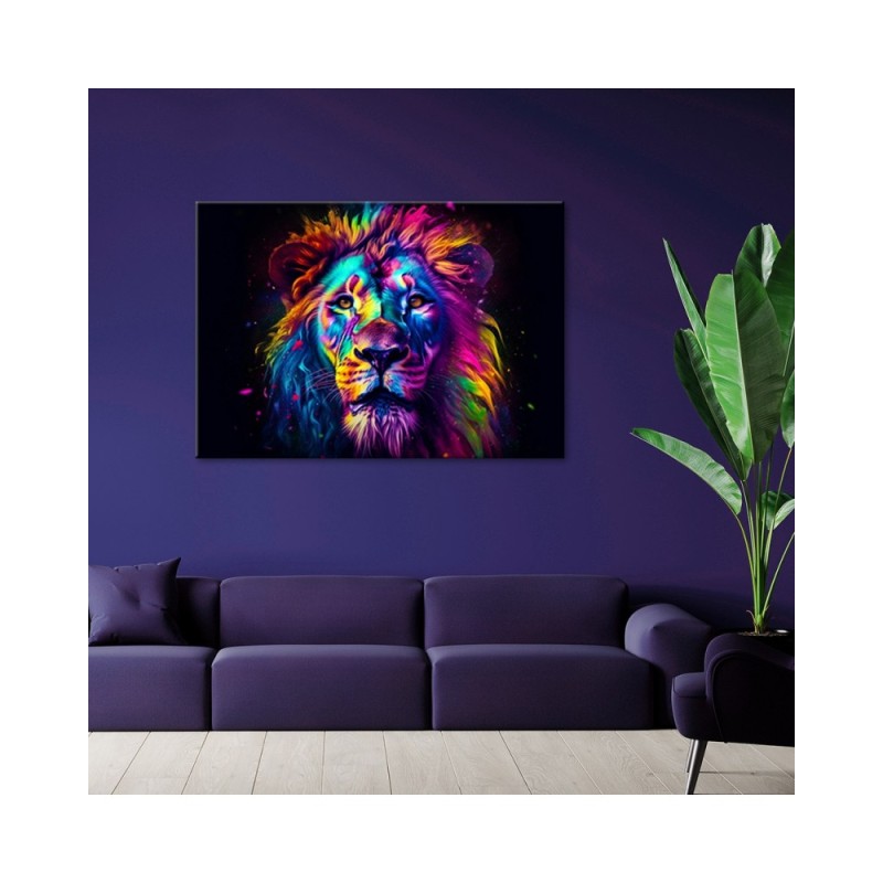 Wandbild für Wohnzimmer - Farbe Neon Portrait Löwe Ai | Feeby