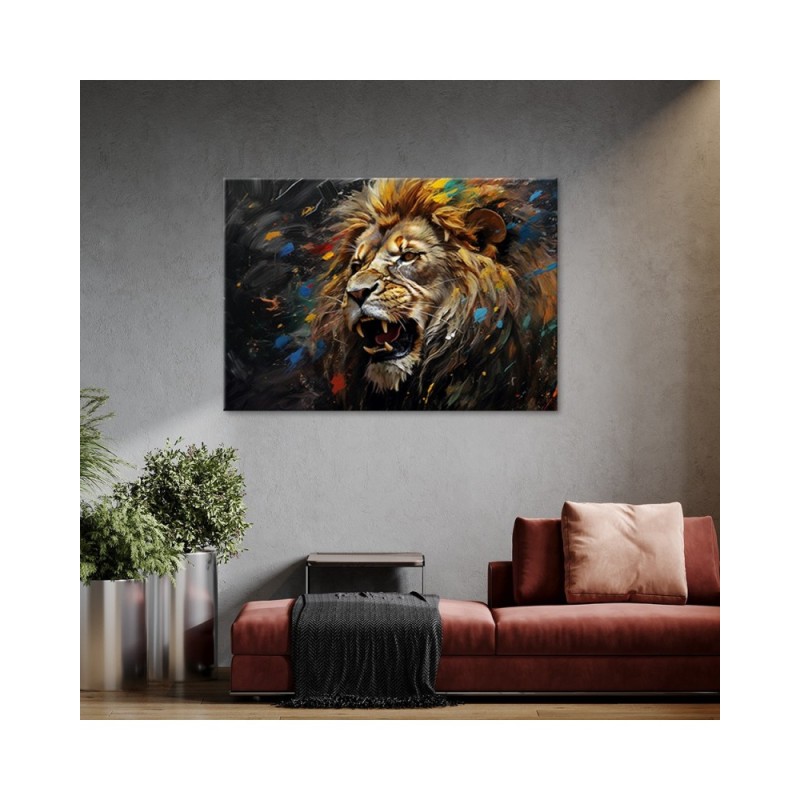 Modernes Wandbild - Löwe auf dunklem Hintergrund | Feeby