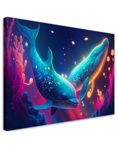 Fashionable AI Canvas prints for children - Neon whales underwater | FEEBY