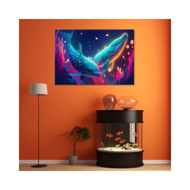 Leinwandbild - Neon-Wale unter Wasser | Feeby