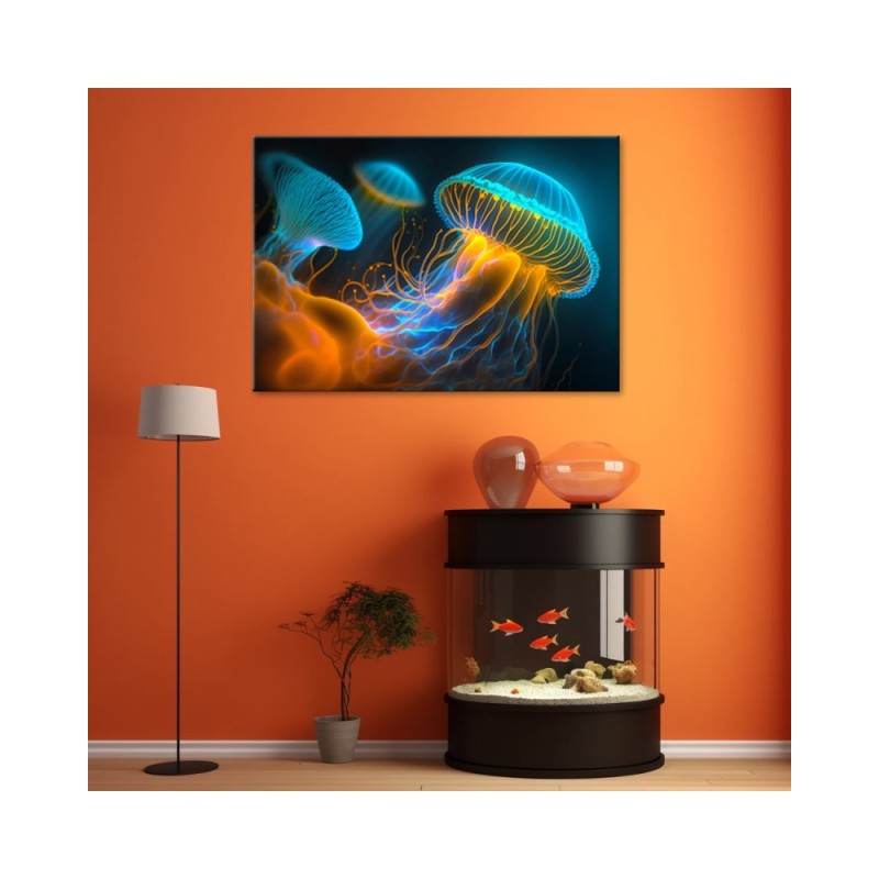 Leinwandbild - Qualle unter Wasser Neon | Feeby