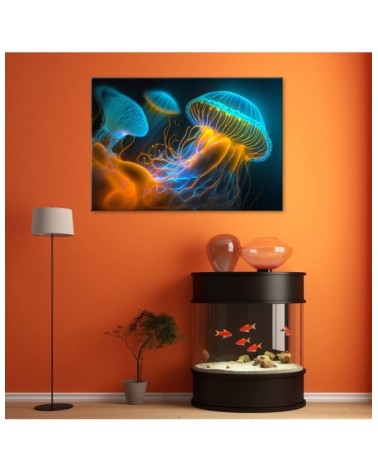 Leinwandbild - Qualle unter Wasser Neon | Feeby