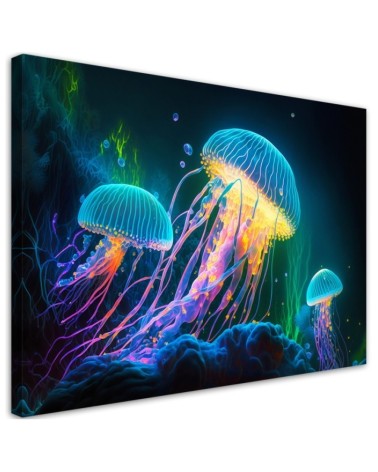 Modern AI Canvas paintings for children's room - Neon jellyfish underwater | FEEBY