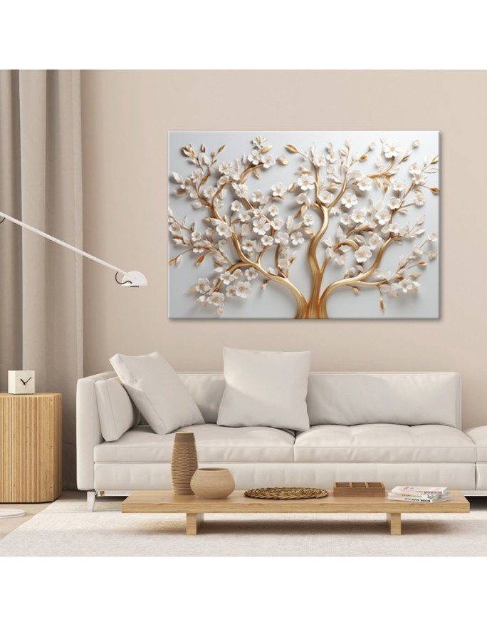 Obraz ścienny do sypialni - Złoty kwiat magnolii glamour 3D | FEEBY