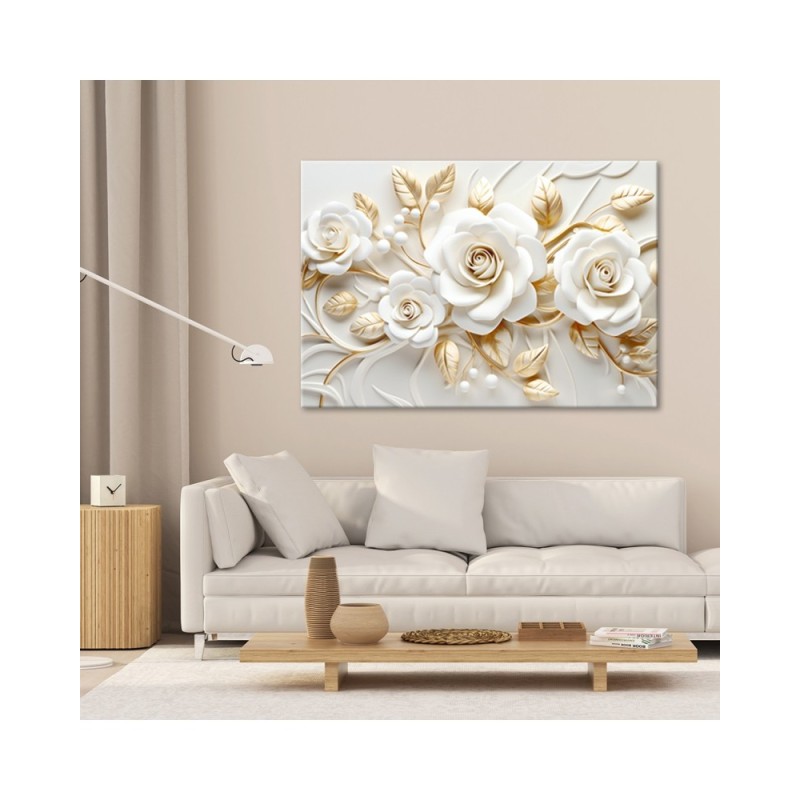 Bild auf Leinwand - Weißgoldene Rosenblüte 3D | Feeby
