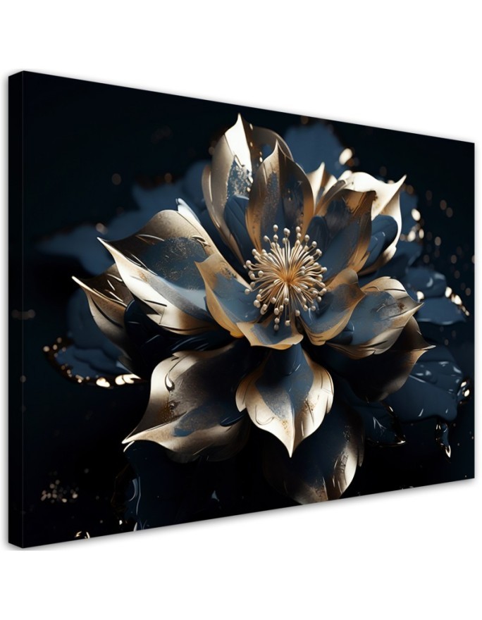Wandbild für Wohnzimmer - Blau-goldene Lotosblume 3D | Feeby