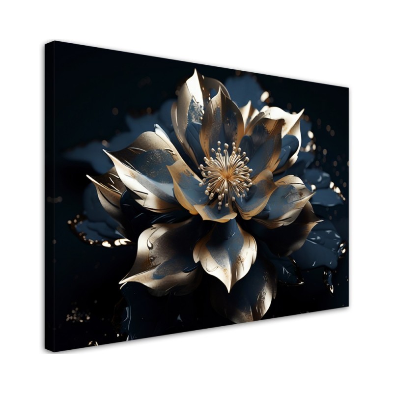 Wandbild für Wohnzimmer - Blau-goldene Lotosblume 3D | Feeby