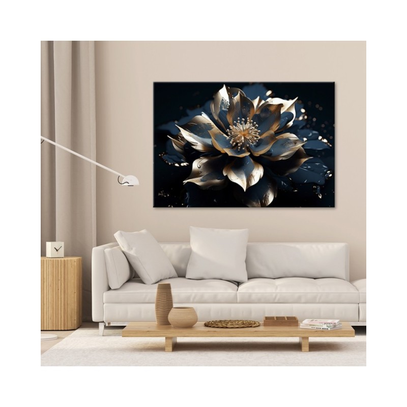 Wandbild für Wohnzimmer - Blau-goldene Lotosblume 3D | Feeby