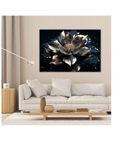 Wandbild für Wohnzimmer - Blau-goldene Lotosblume 3D | Feeby