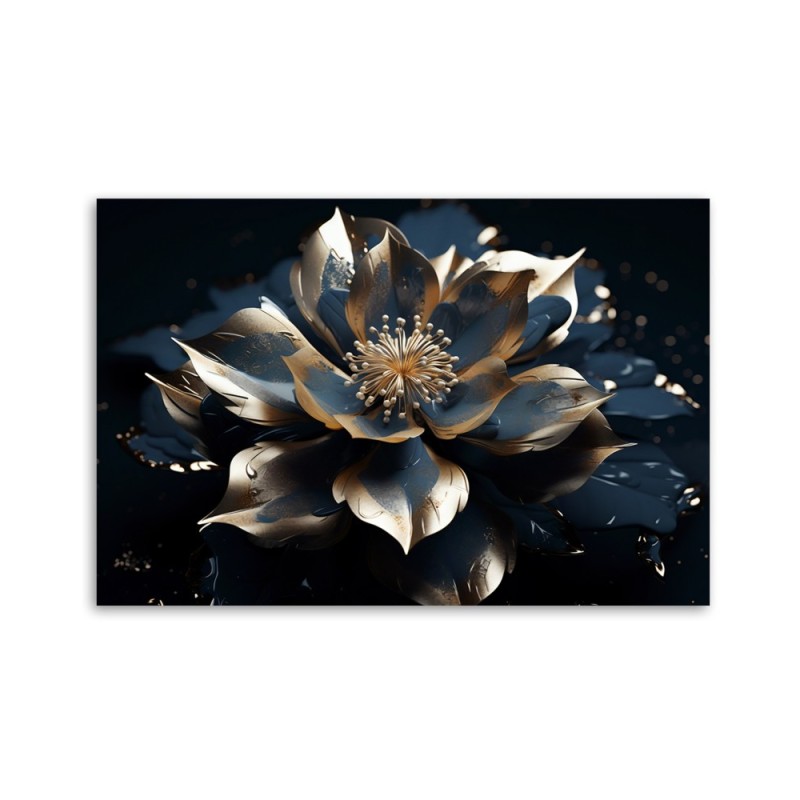 Wandbild für Wohnzimmer - Blau-goldene Lotosblume 3D | Feeby