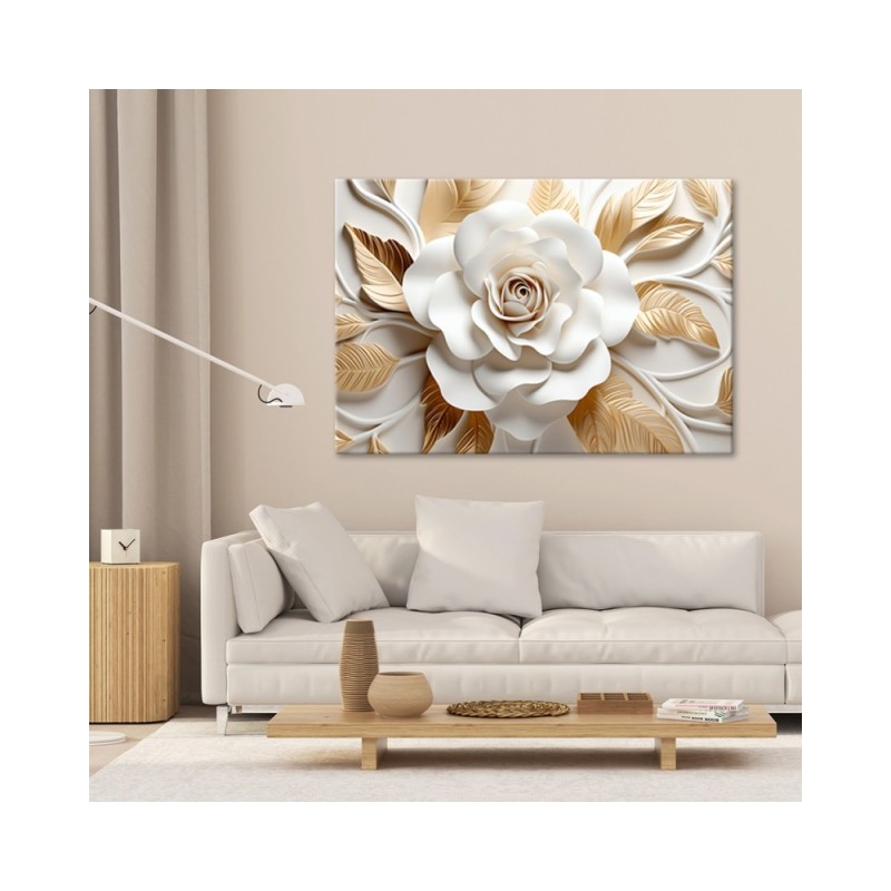 Obraz na ścianę do salonu - Biało złoty kwiat 3D | FEEBY