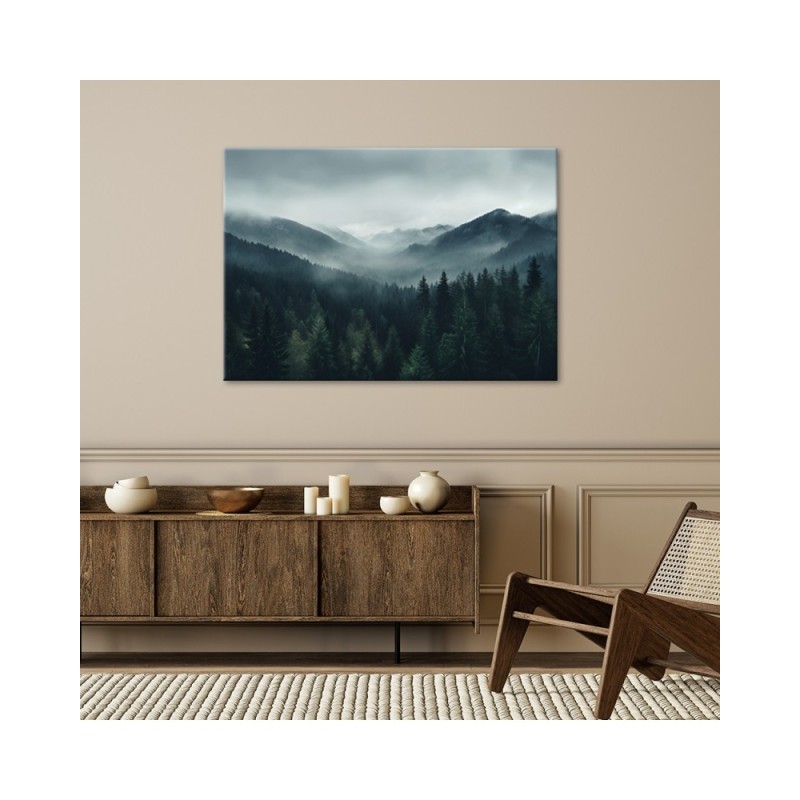 Wandbild für Wohnzimmer - Wald im Nebel | Feeby