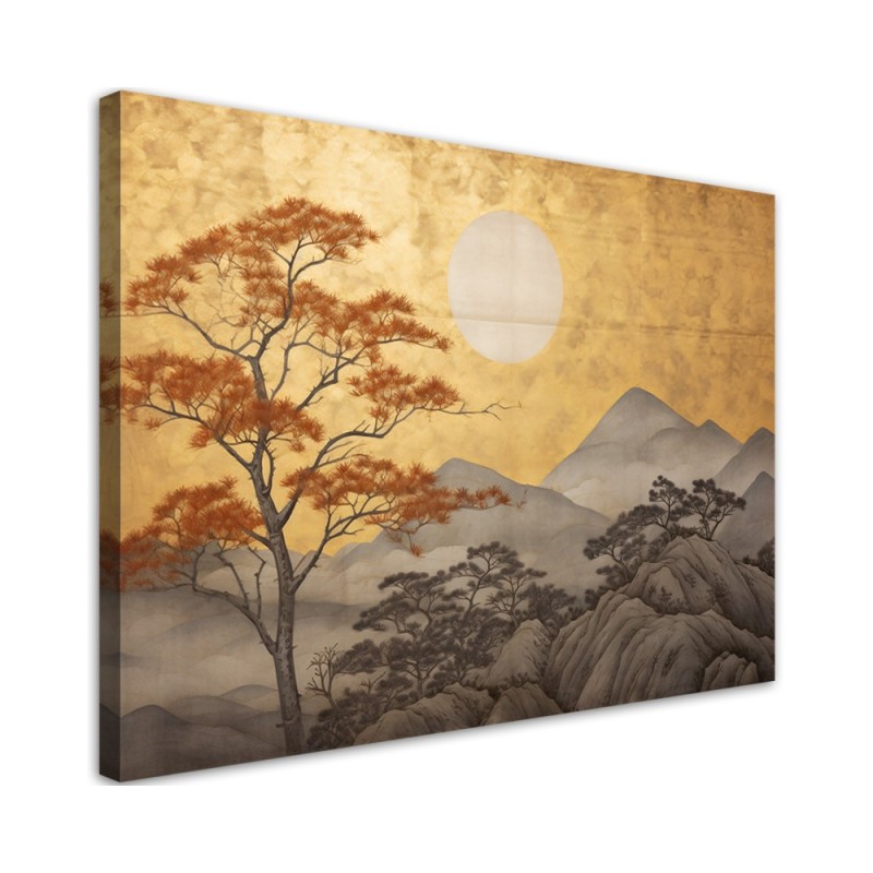 Leinwandbild - Wohnzimmerdruck - Goldene Berglandschaft | Feeby