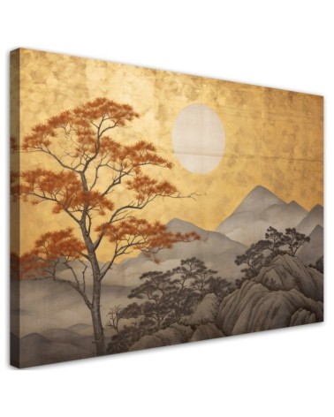 Leinwandbild - Wohnzimmerdruck - Goldene Berglandschaft | Feeby