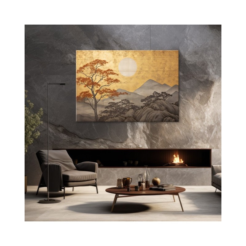 Leinwandbild - Wohnzimmerdruck - Goldene Berglandschaft | Feeby