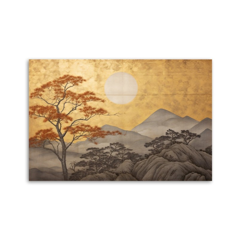 Leinwandbild - Wohnzimmerdruck - Goldene Berglandschaft | Feeby