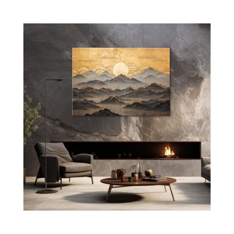 Leinwandbild modern - AI - Goldene Berglandschaft | Feeby