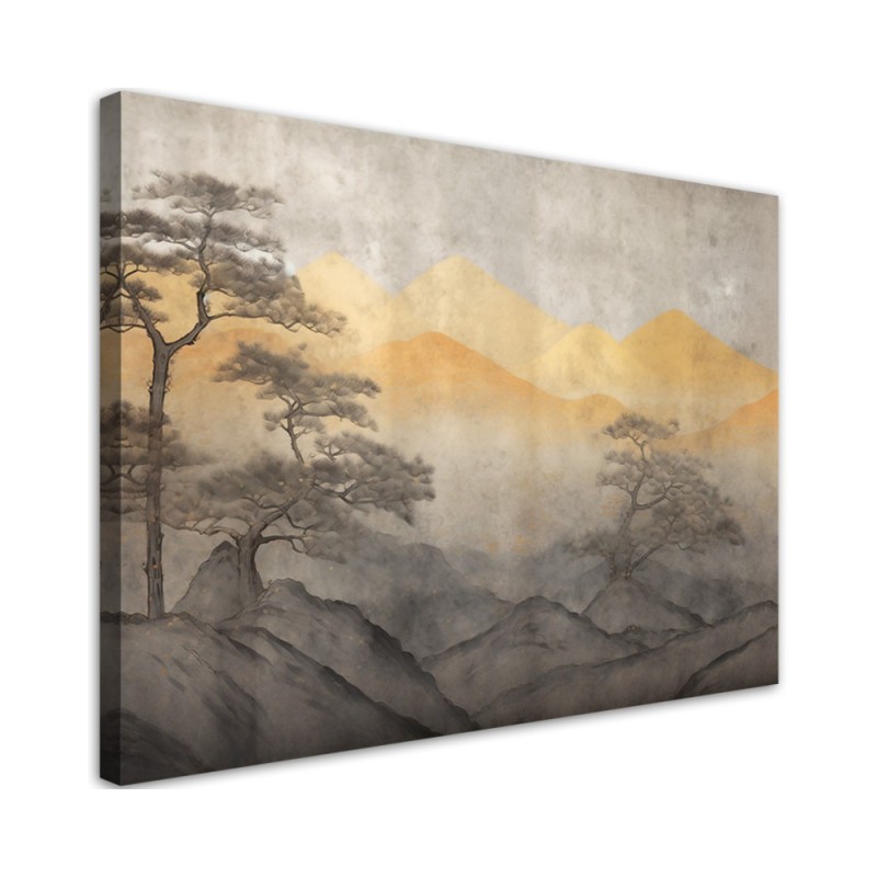 Wandbild für Wohnzimmer - Berglandschaft in Gold | Feeby