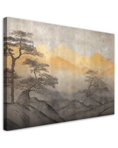 Wandbild für Wohnzimmer - Berglandschaft in Gold | Feeby