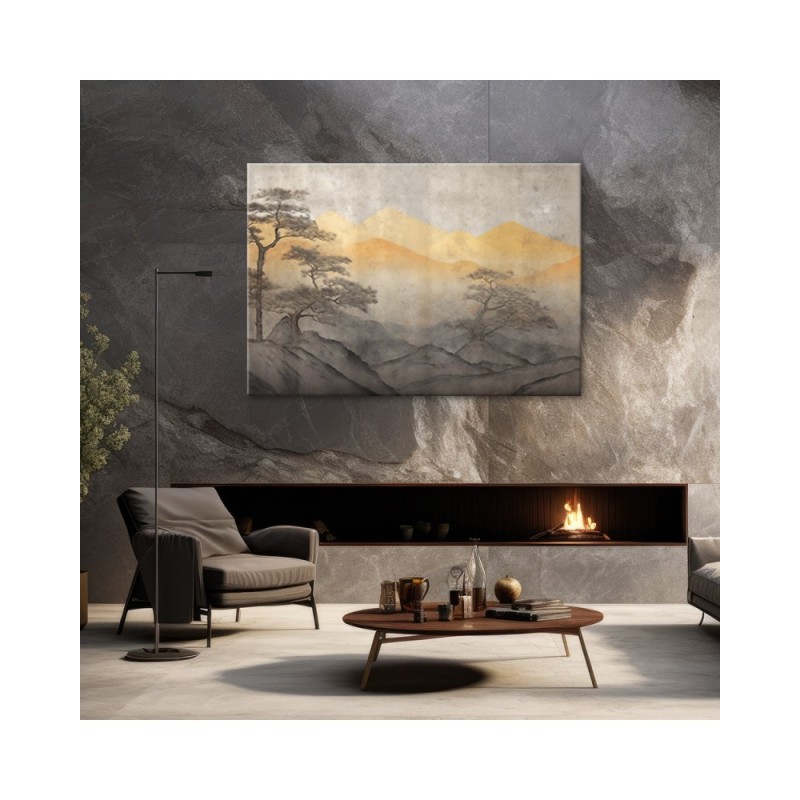 Wandbild für Wohnzimmer - Berglandschaft in Gold | Feeby